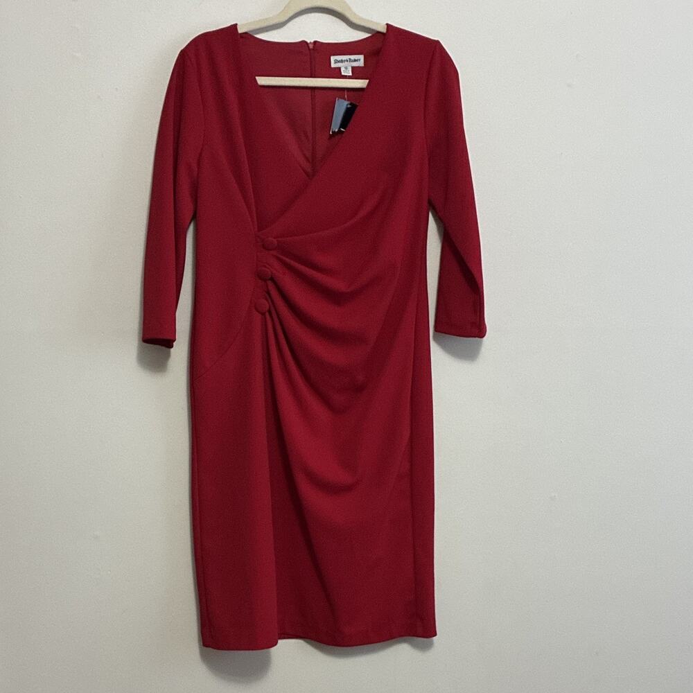Shelby & Palmer Red Solid Sheath Dress 12 Knee V-Neck 3/4 Sleeve Stretch NWT
